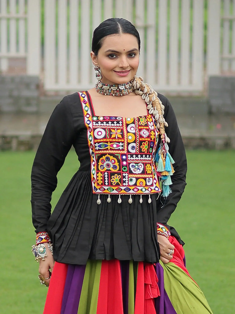 Sweet Red Rayon Kutchi Work Navratri Wear Pelpum Top With Lehenga