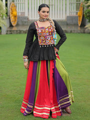 Sweet Red Rayon Kutchi Work Navratri Wear Pelpum Top With Lehenga