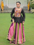 Artistic Multi-Color Rayon Gamthi Work Navratri Lehenga With Peplum Top