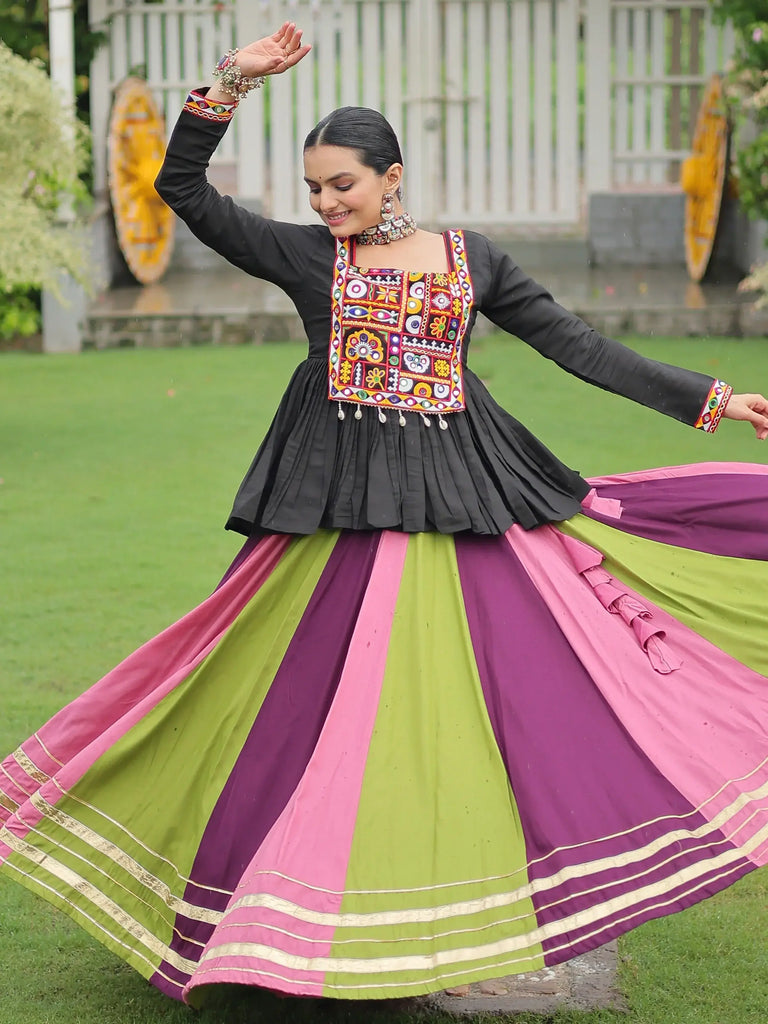 Artistic Multi-Color Rayon Gamthi Work Navratri Lehenga With Peplum Top