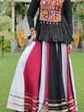 Delicate White Rayon Gamthi Work Navratri Wear Peplum Top With Lehenga