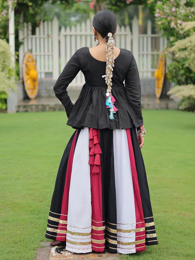 Delicate White Rayon Gamthi Work Navratri Wear Peplum Top With Lehenga