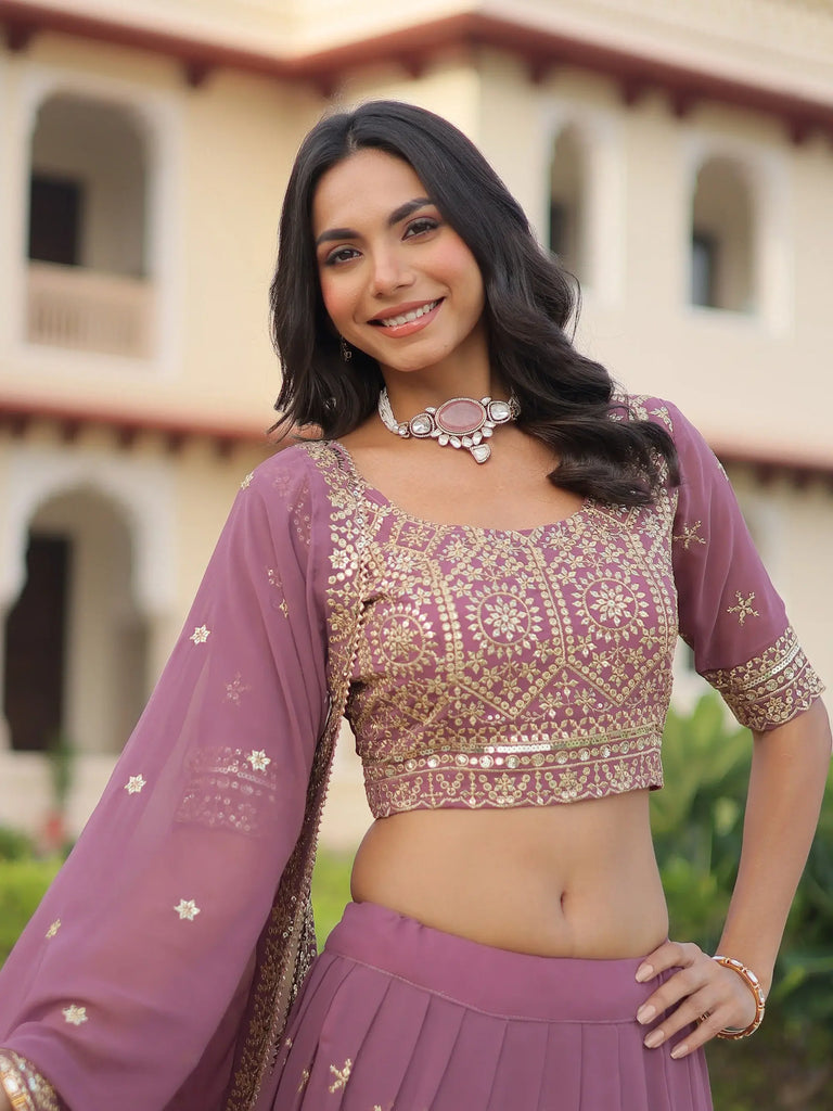 Beautiful Pink Zari Embroidered Georgette Festive Wear Lehenga Choli