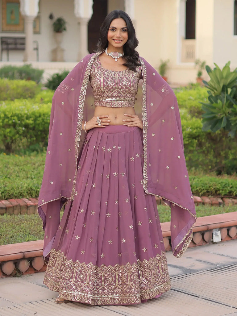 Beautiful Pink Zari Embroidered Georgette Festive Wear Lehenga Choli