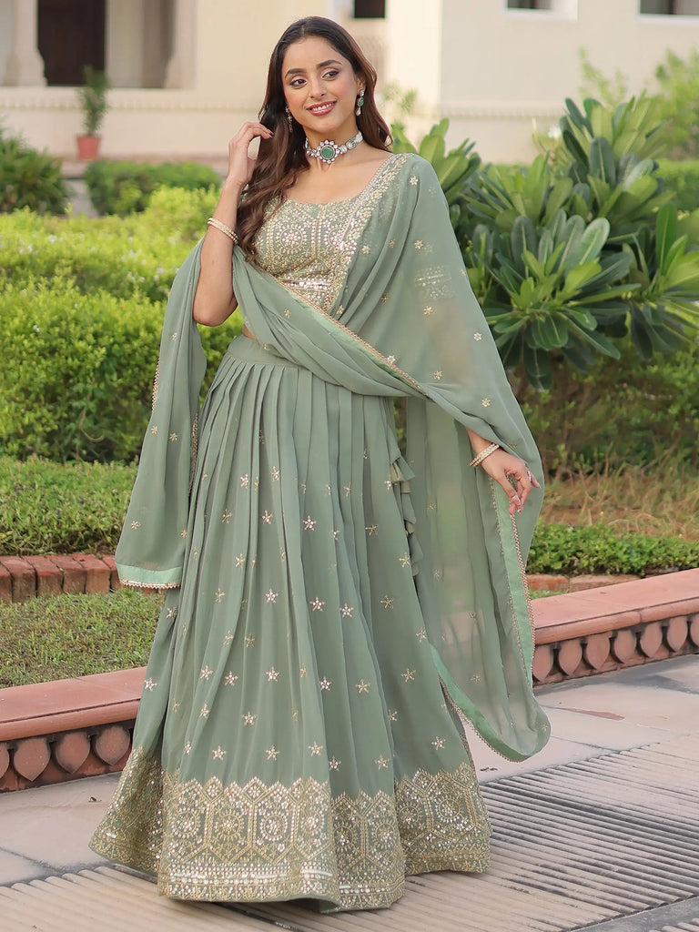 Sparkling Green Zari Embroidered Georgette Wedding Wear Lehenga Choli