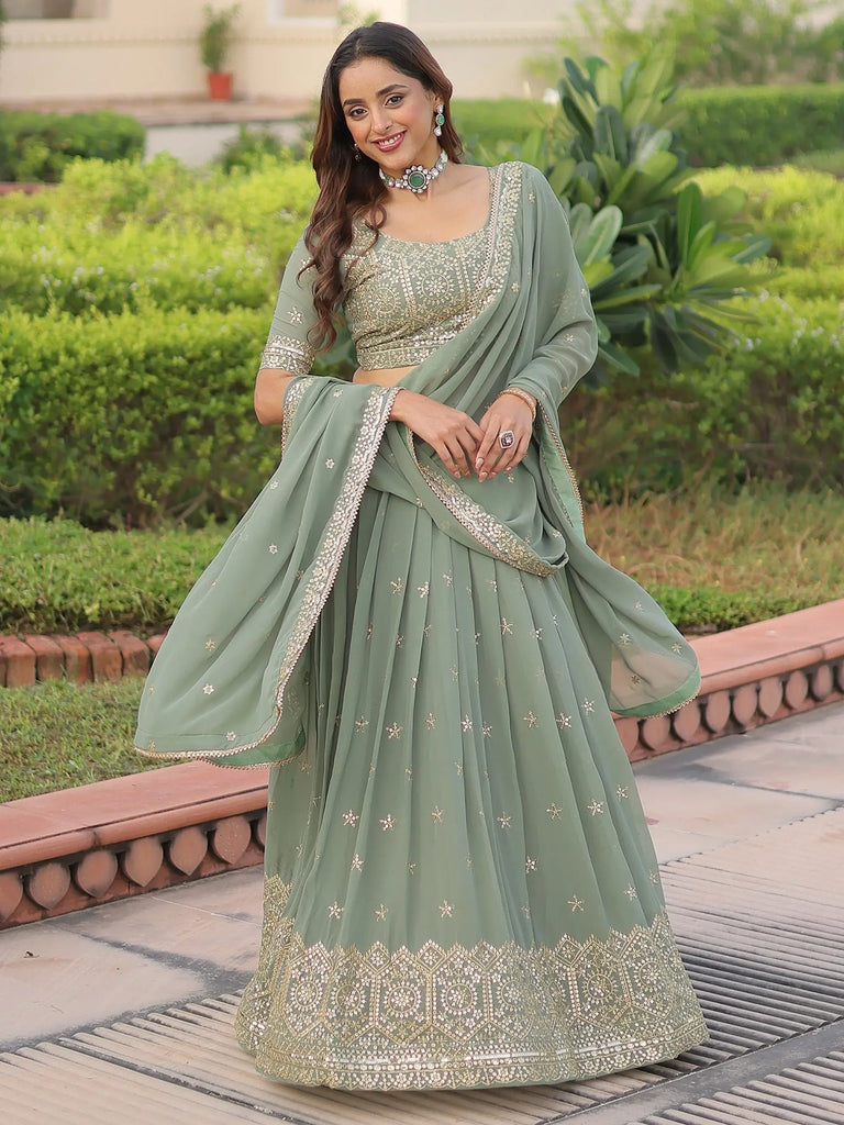 Sparkling Green Zari Embroidered Georgette Wedding Wear Lehenga Choli