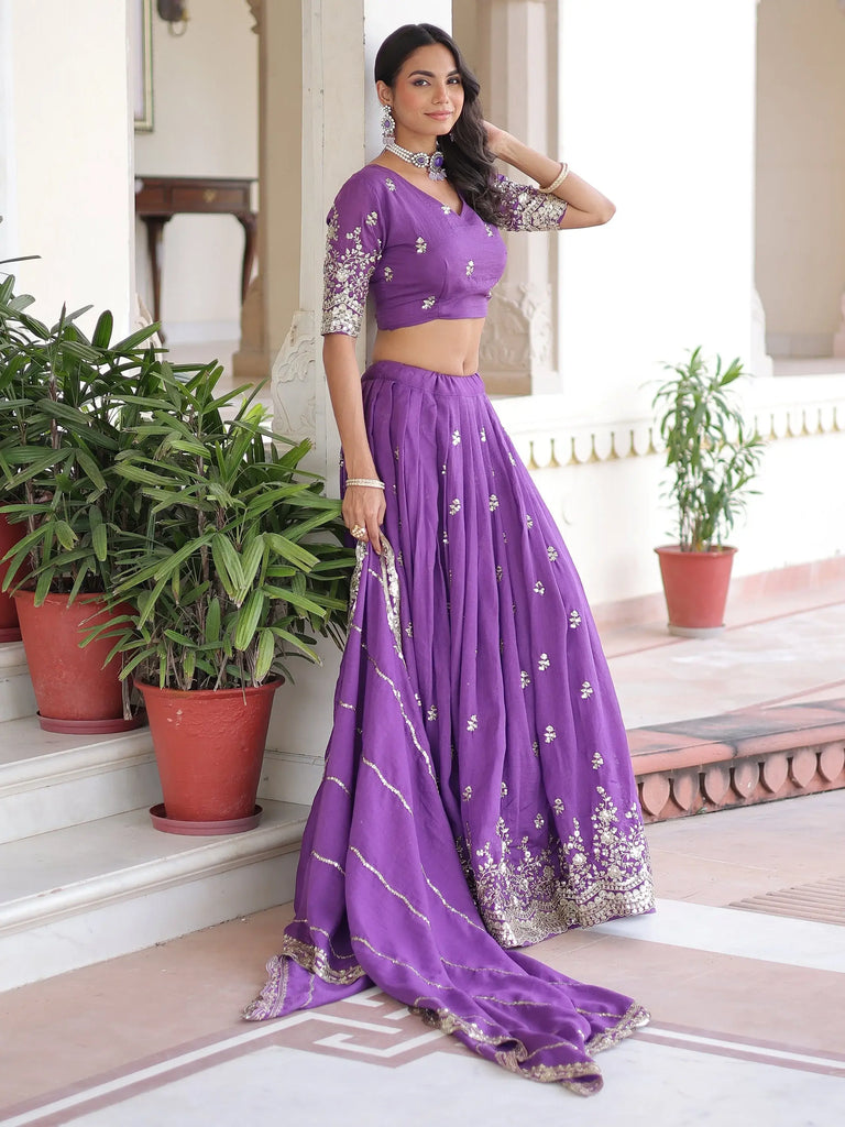 Elegant Purple Zari Embroidered Silk Festive Wear Lehenga Choli