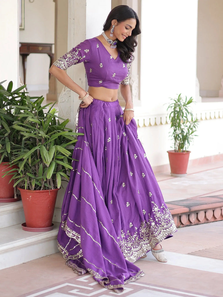 Elegant Purple Zari Embroidered Silk Festive Wear Lehenga Choli