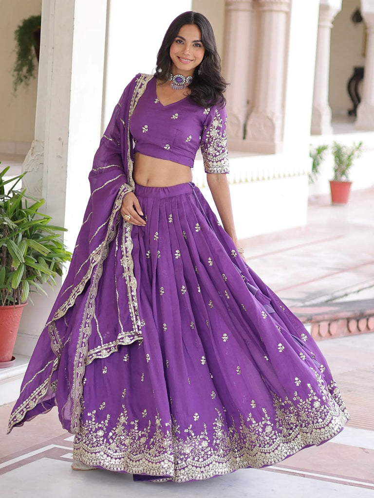Elegant Purple Zari Embroidered Silk Festive Wear Lehenga Choli