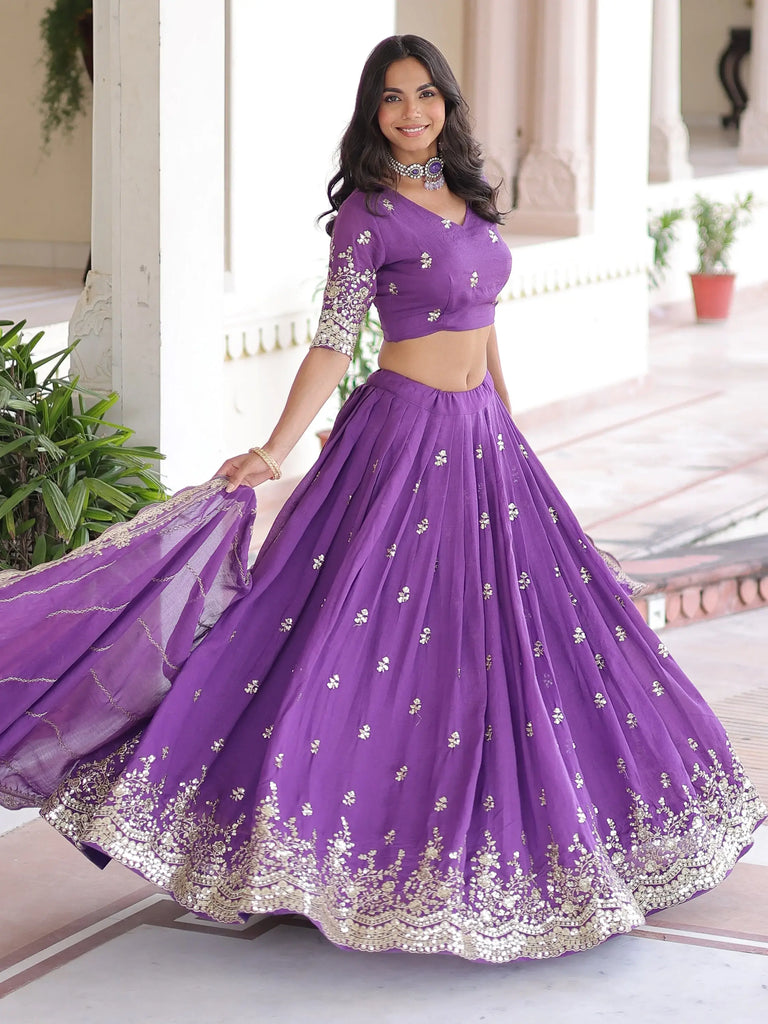 Elegant Purple Zari Embroidered Silk Festive Wear Lehenga Choli