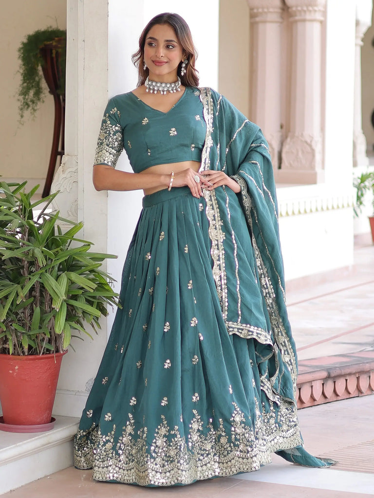 Gorgeous Green Sequins Embroidered Silk Festive Wear Lehenga Choli