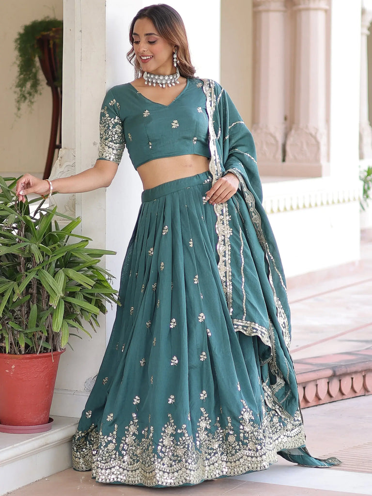Gorgeous Green Sequins Embroidered Silk Festive Wear Lehenga Choli
