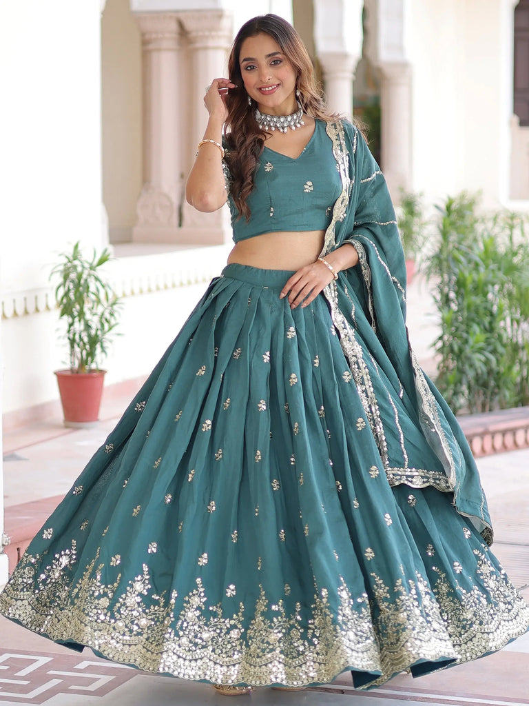 Gorgeous Green Sequins Embroidered Silk Festive Wear Lehenga Choli