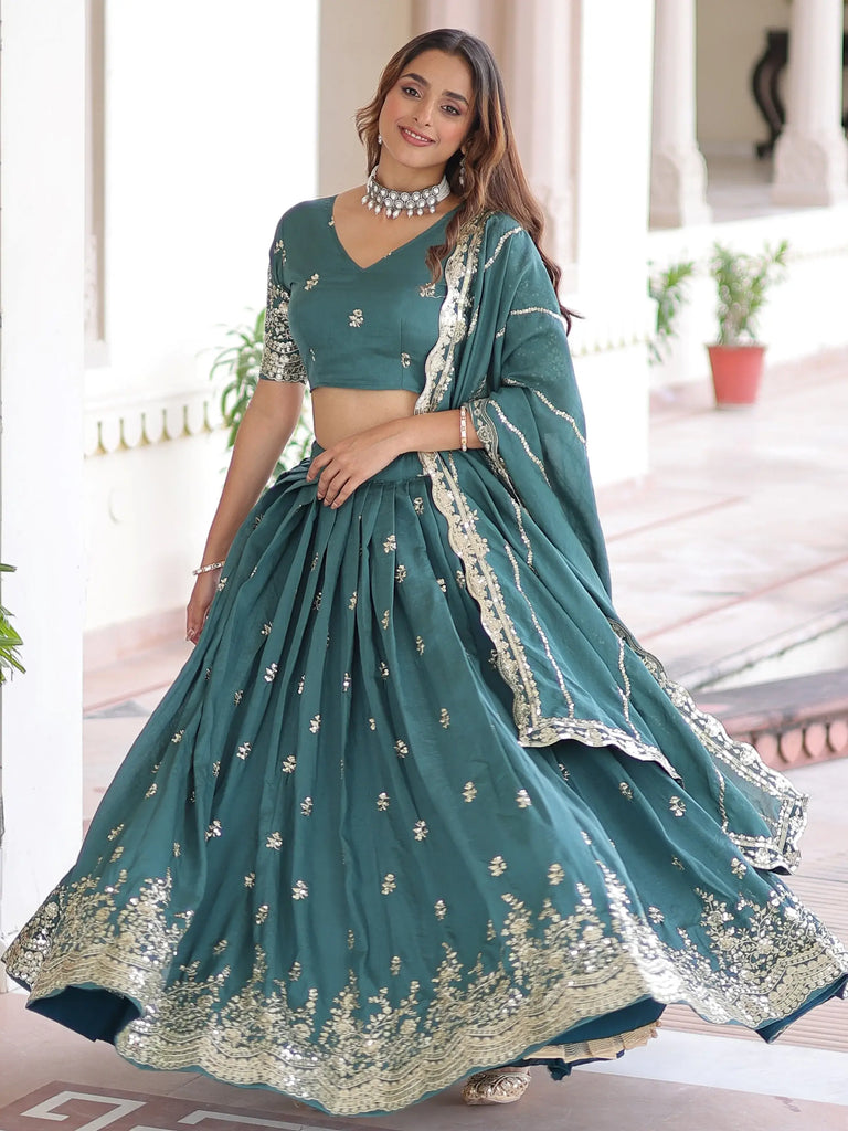 Gorgeous Green Sequins Embroidered Silk Festive Wear Lehenga Choli
