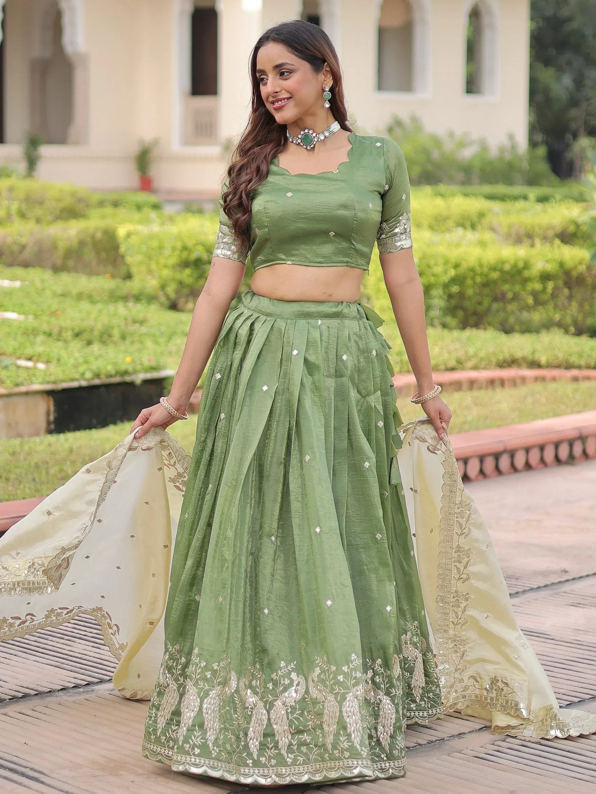 Adorable Green Zari Embroidered Crushed Wedding Wear Lehenga Choli