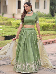 Adorable Green Zari Embroidered Crushed Wedding Wear Lehenga Choli