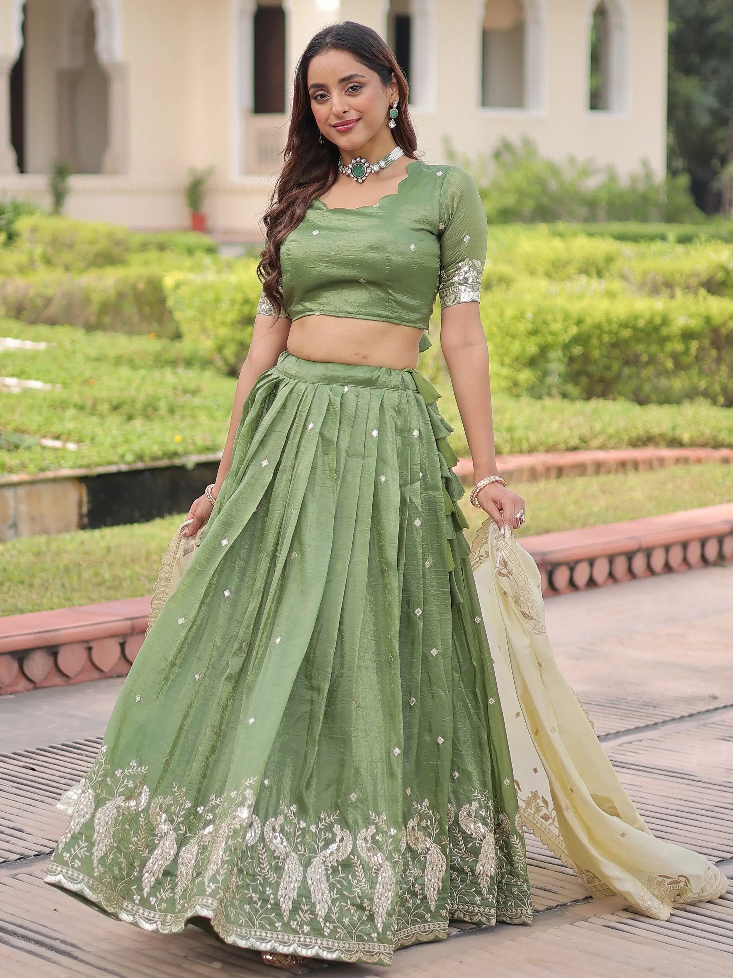 Adorable Green Zari Embroidered Crushed Wedding Wear Lehenga Choli