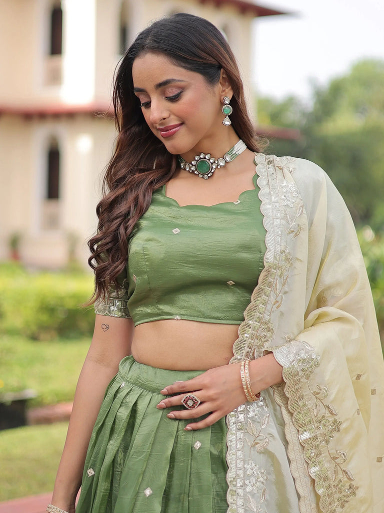Adorable Green Zari Embroidered Crushed Wedding Wear Lehenga Choli