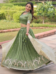 Adorable Green Zari Embroidered Crushed Wedding Wear Lehenga Choli
