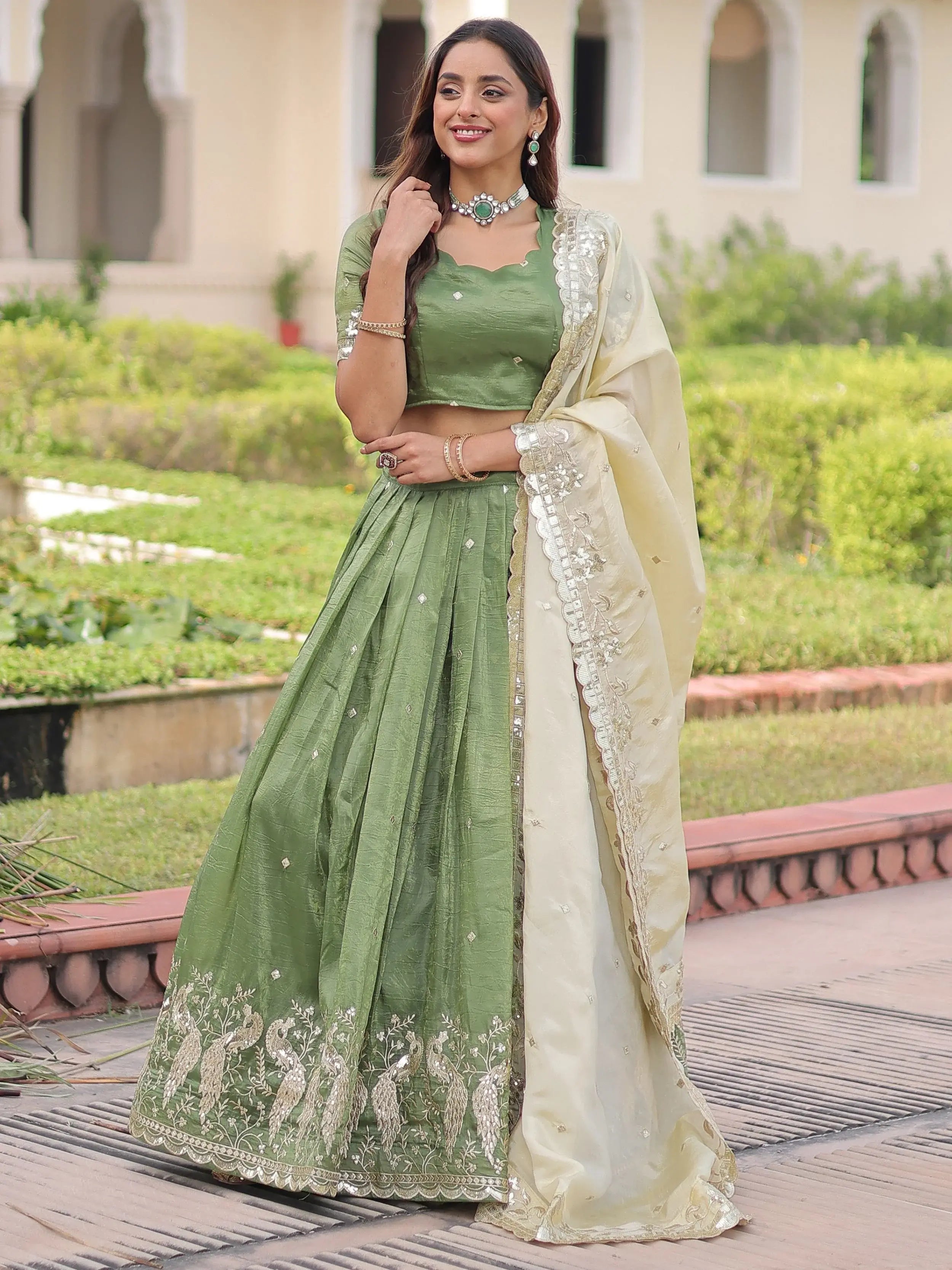 Adorable Green Zari Embroidered Crushed Wedding Wear Lehenga Choli