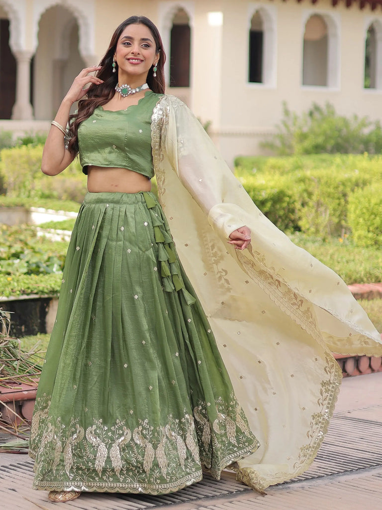 Adorable Green Zari Embroidered Crushed Wedding Wear Lehenga Choli