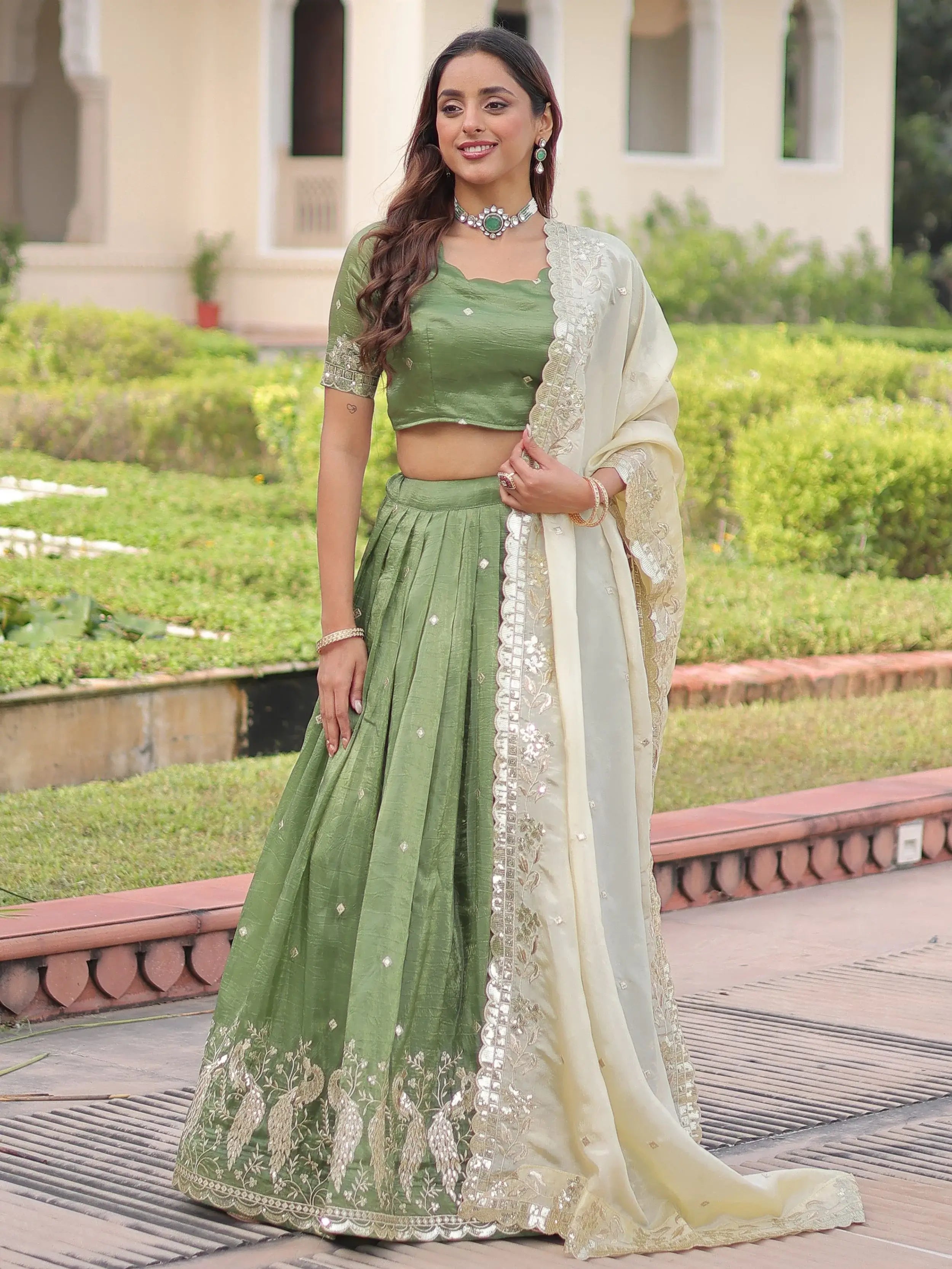 Adorable Green Zari Embroidered Crushed Wedding Wear Lehenga Choli