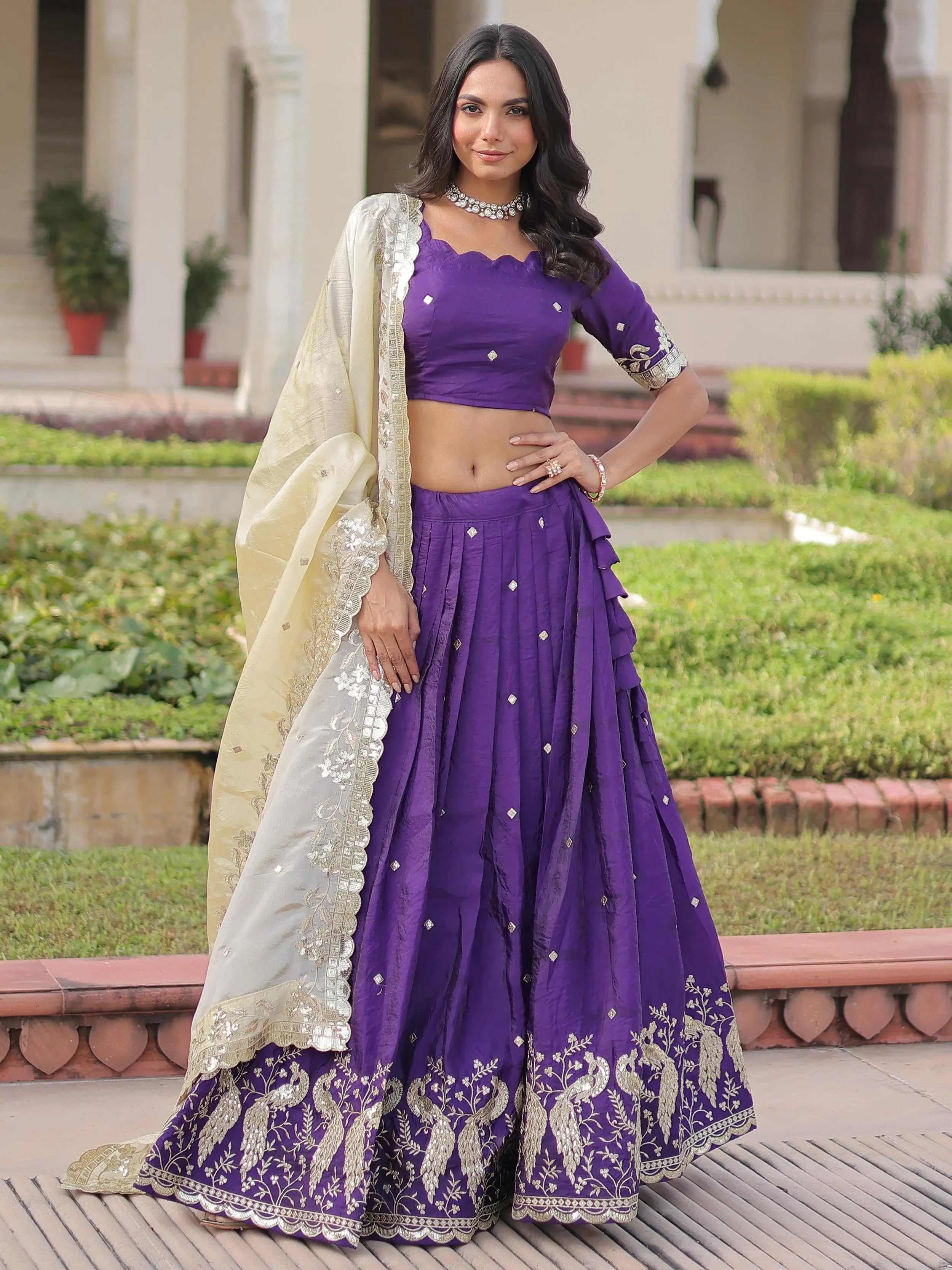 Wonderful Purple Zari Embroidered Crushed Festive Wear Lehenga Choli