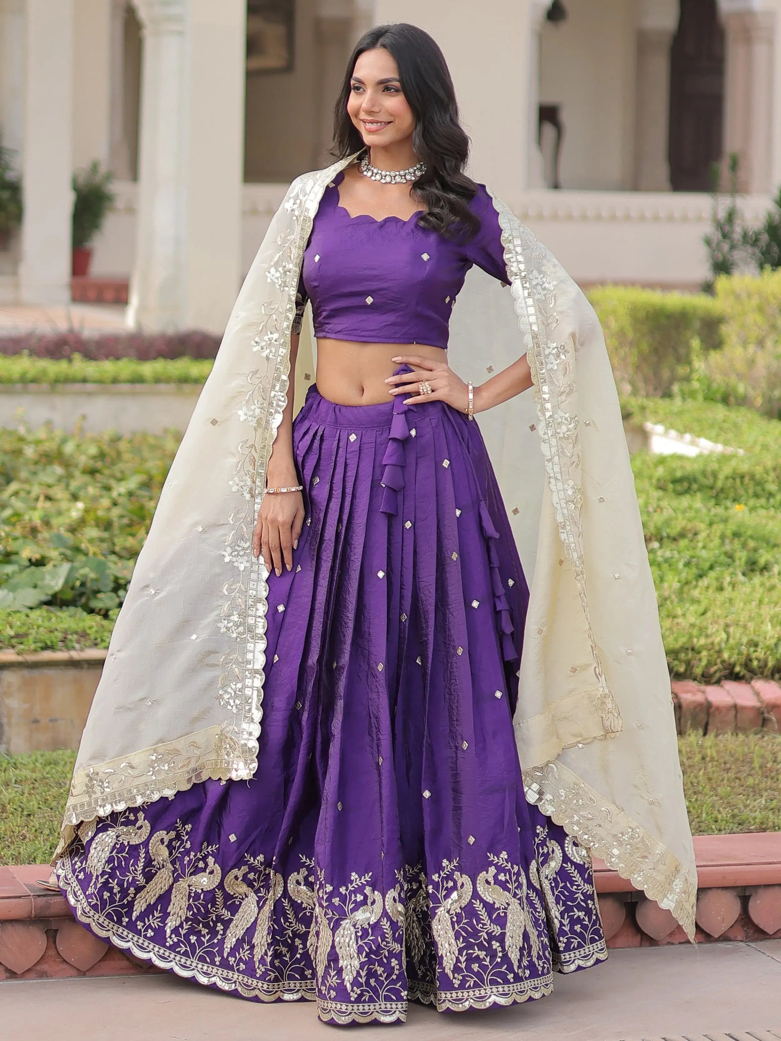 Wonderful Purple Zari Embroidered Crushed Festive Wear Lehenga Choli