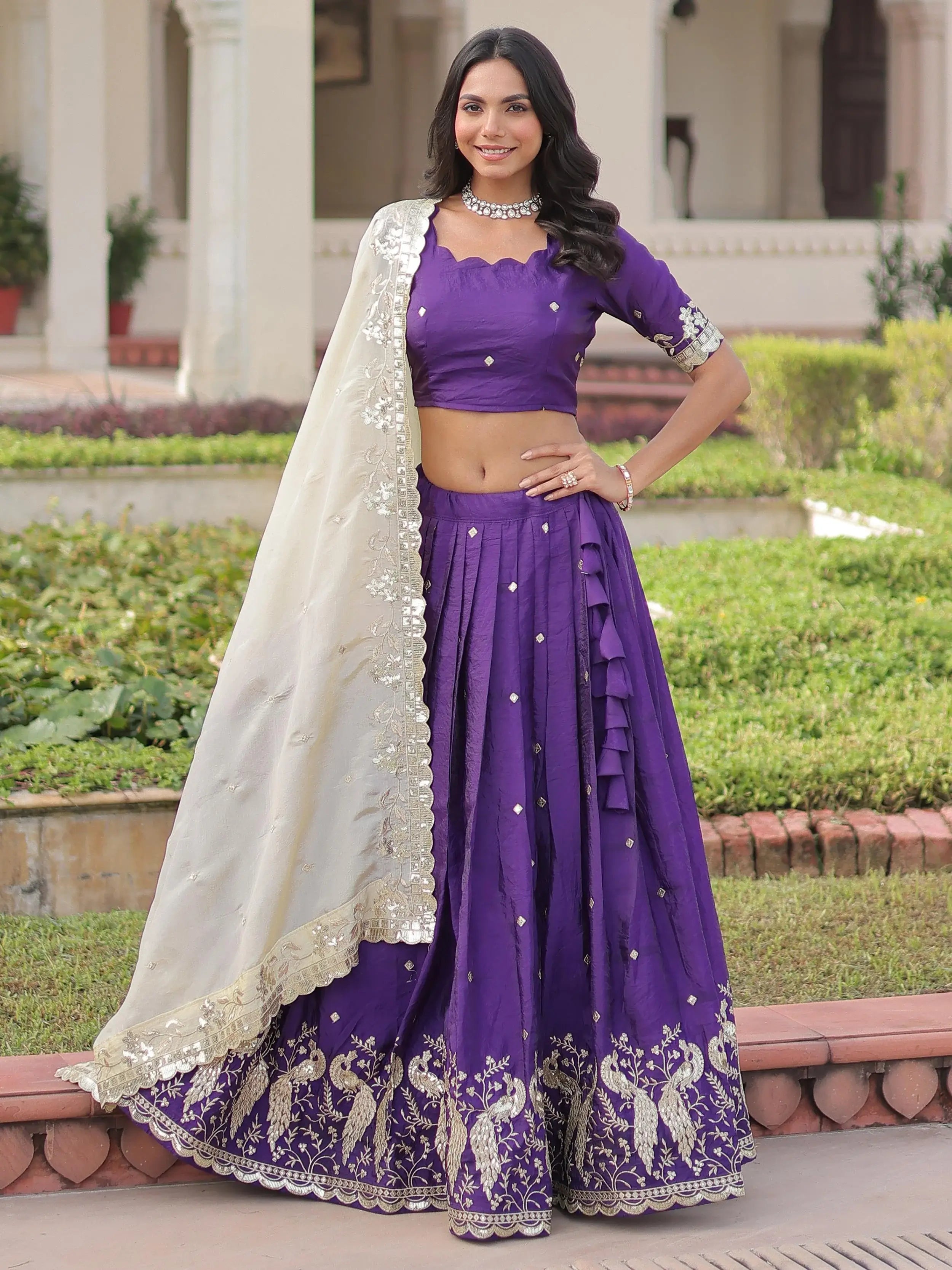 Wonderful Purple Zari Embroidered Crushed Festive Wear Lehenga Choli