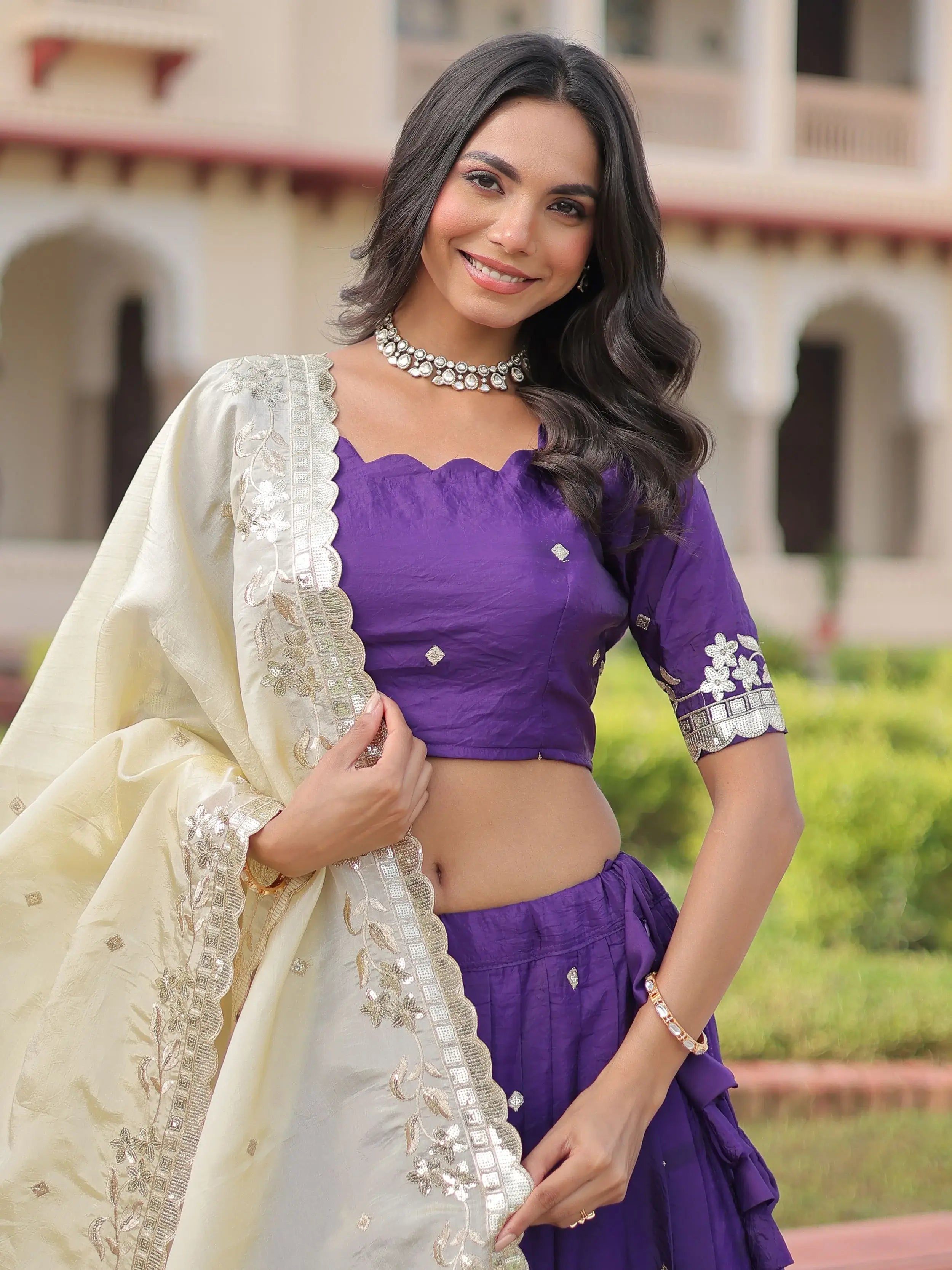 Wonderful Purple Zari Embroidered Crushed Festive Wear Lehenga Choli