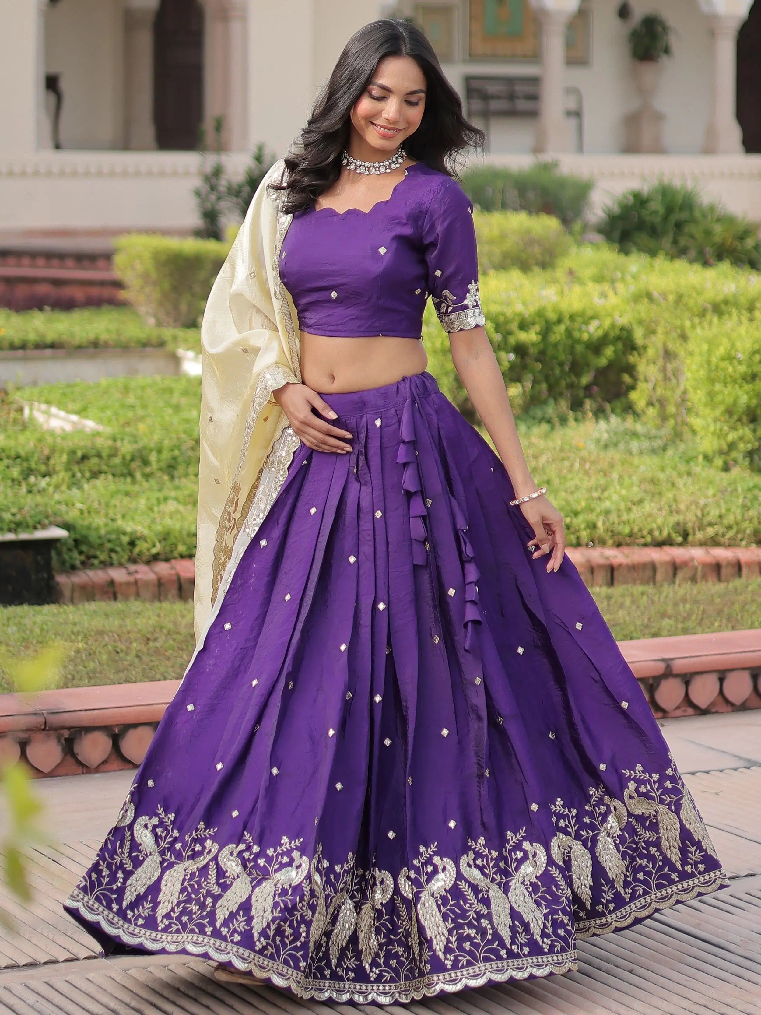 Wonderful Purple Zari Embroidered Crushed Festive Wear Lehenga Choli