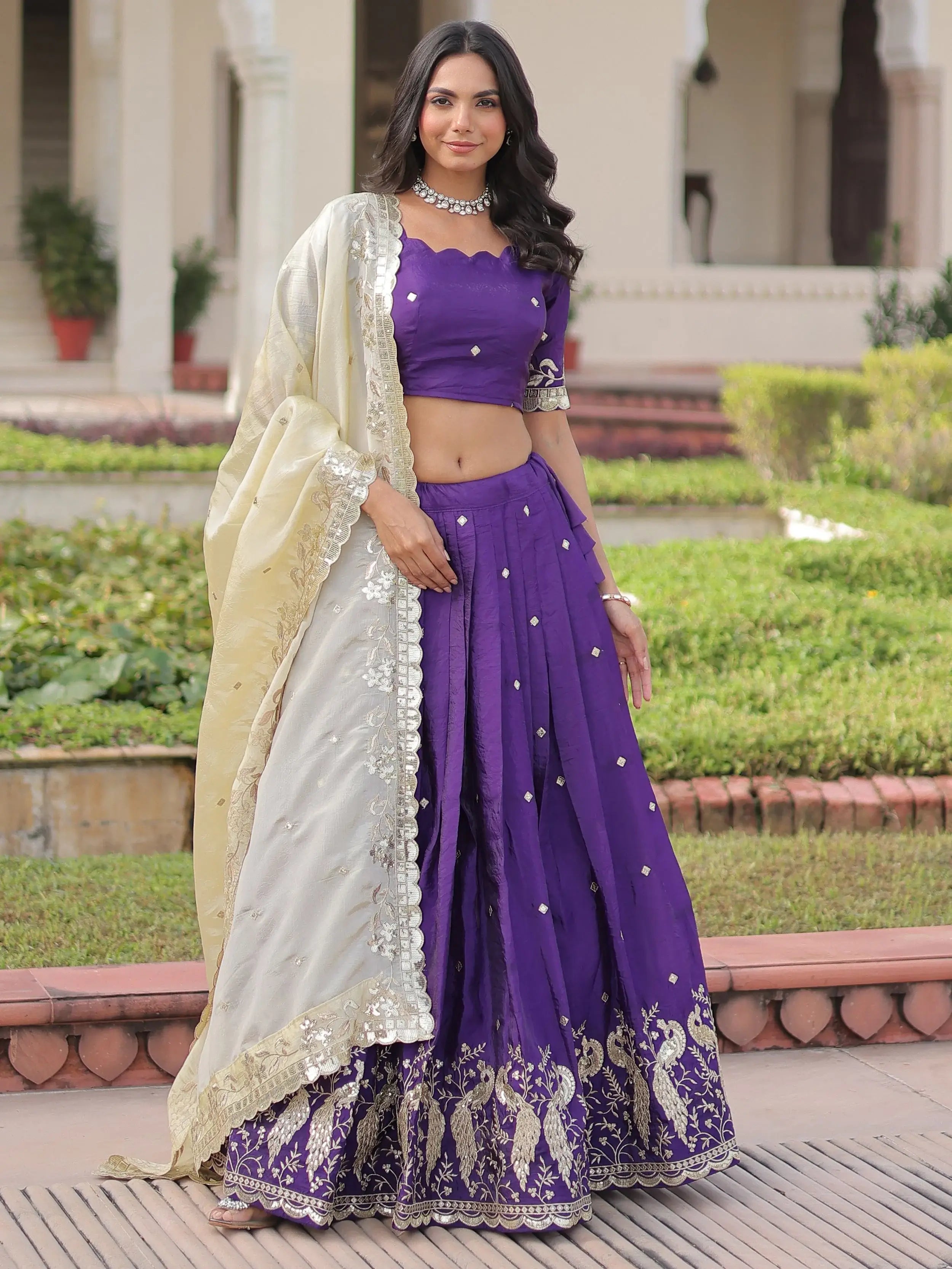 Wonderful Purple Zari Embroidered Crushed Festive Wear Lehenga Choli