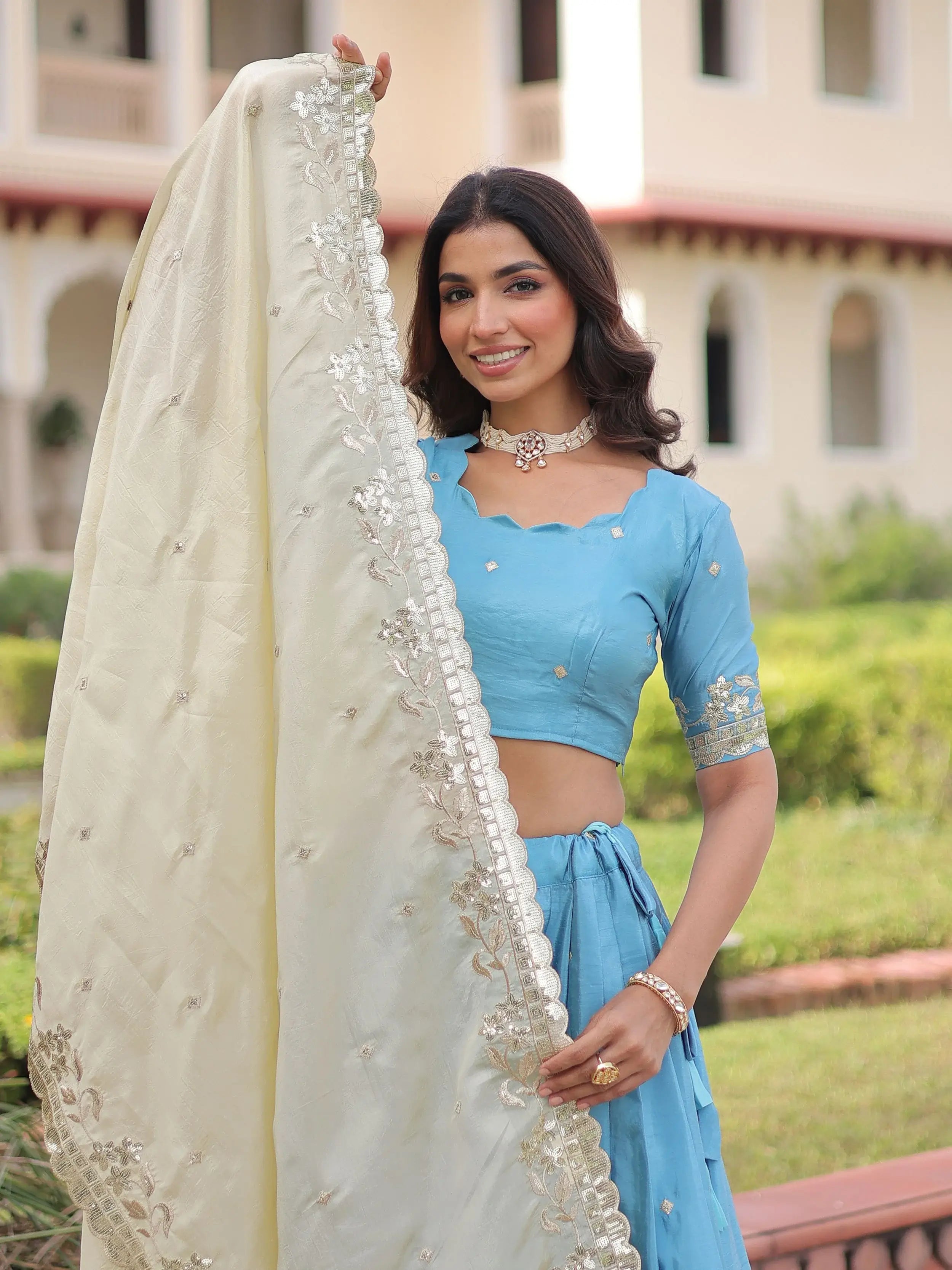 Great Sky Blue Zari Embroidered Crushed Bridesmaid Lehenga Choli