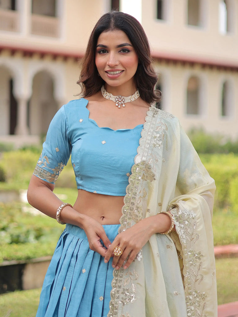 Great Sky Blue Zari Embroidered Crushed Bridesmaid Lehenga Choli