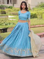 Great Sky Blue Zari Embroidered Crushed Bridesmaid Lehenga Choli