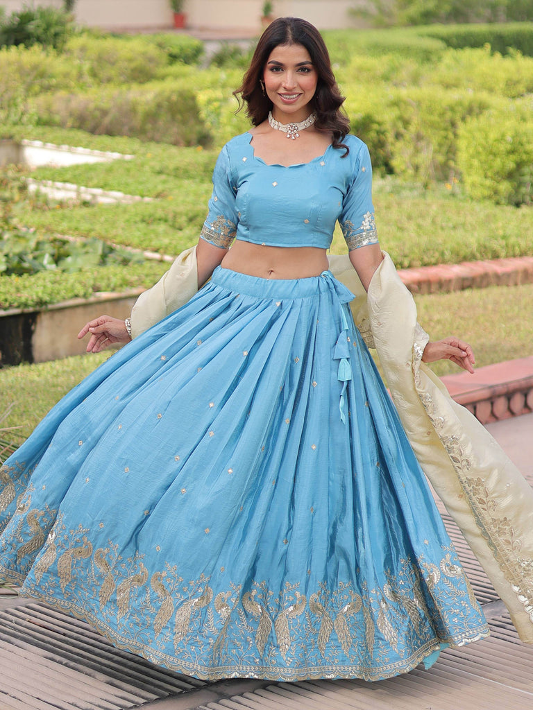 Great Sky Blue Zari Embroidered Crushed Bridesmaid Lehenga Choli