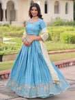 Great Sky Blue Zari Embroidered Crushed Bridesmaid Lehenga Choli