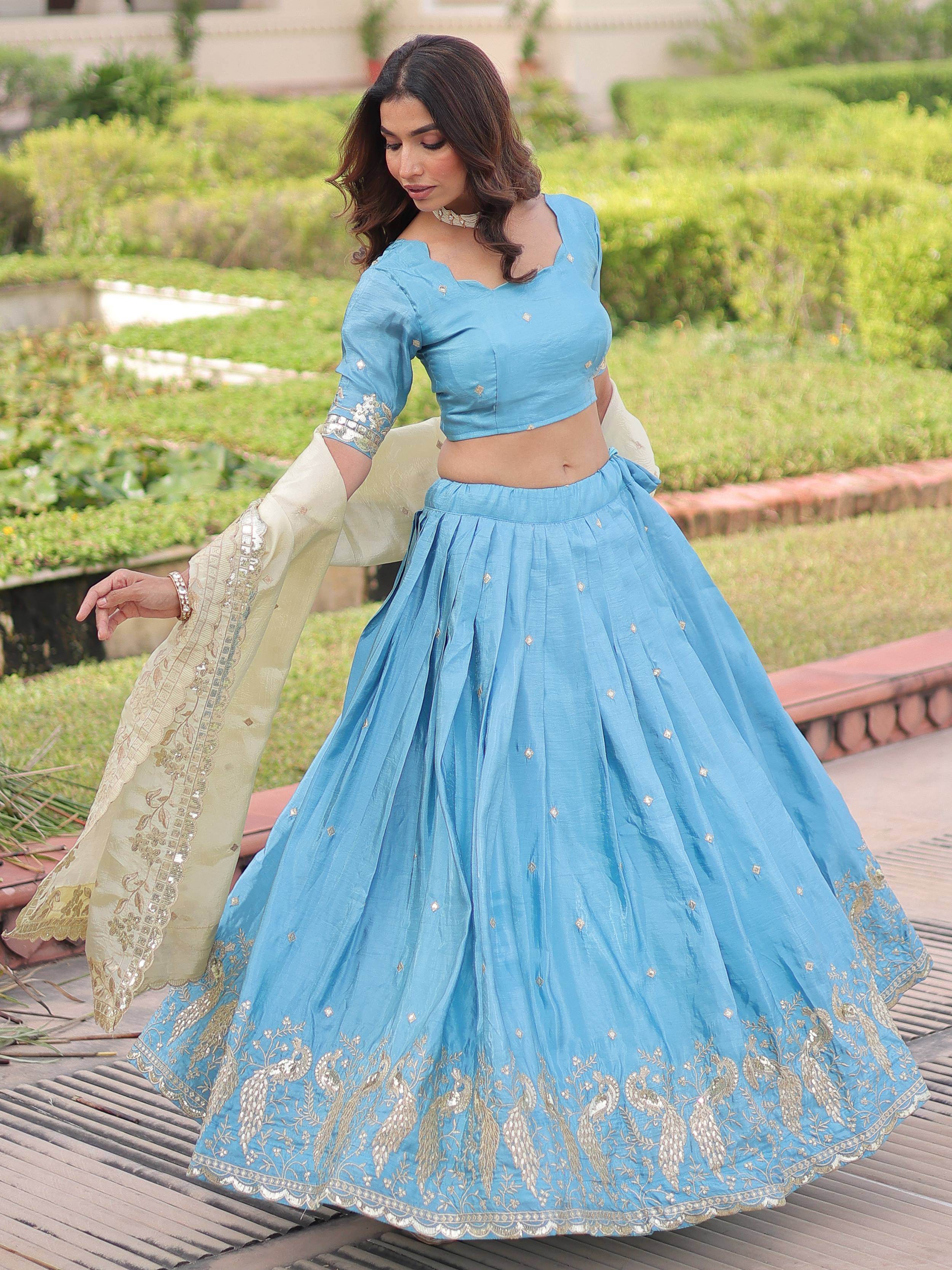 Great Sky Blue Zari Embroidered Crushed Bridesmaid Lehenga Choli