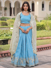 Great Sky Blue Zari Embroidered Crushed Bridesmaid Lehenga Choli