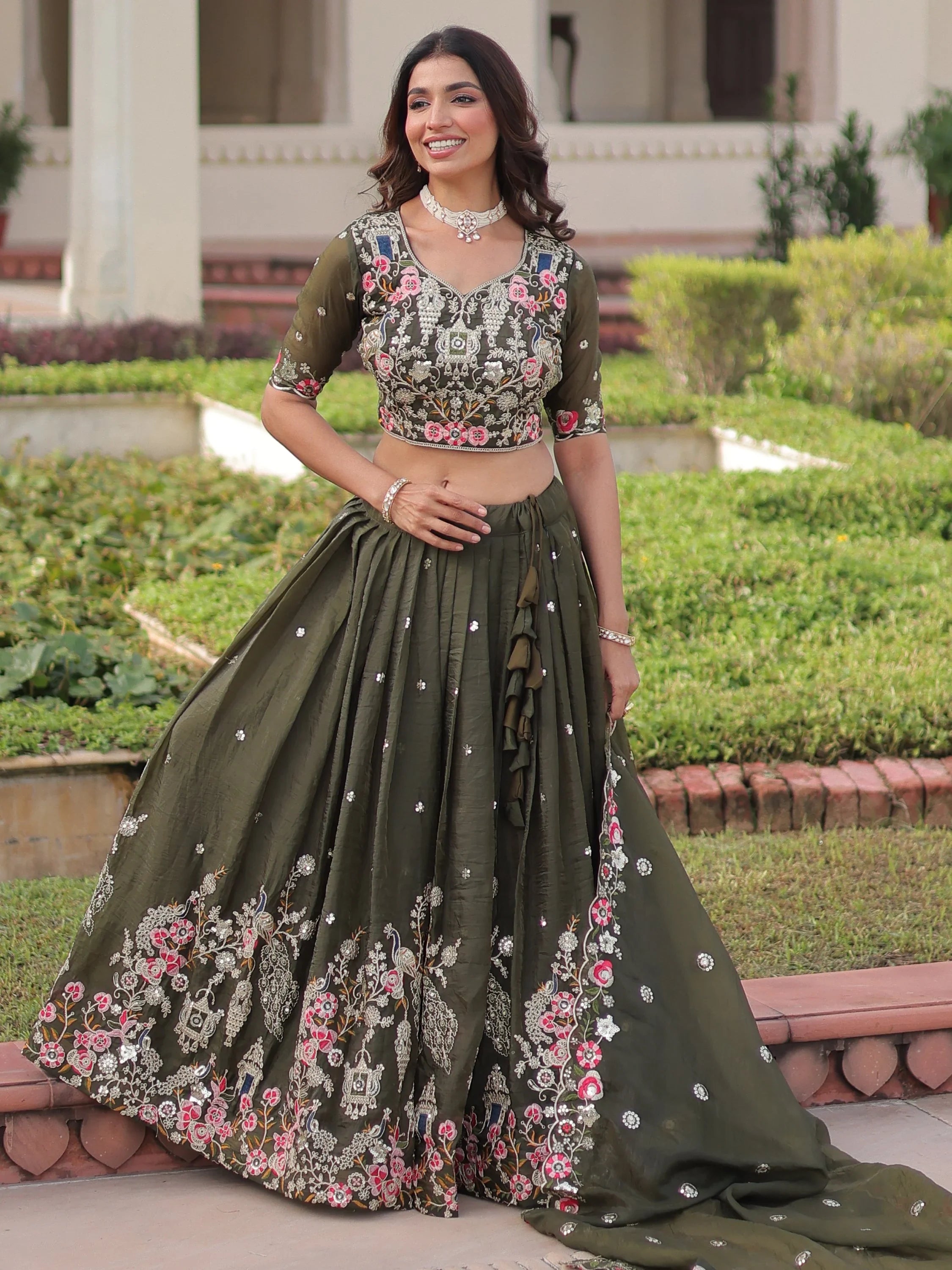 Alluring Olive Green Codding Work Crushed Evening Wear Lehenga Choli