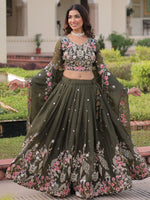 Alluring Olive Green Codding Work Crushed Evening Wear Lehenga Choli