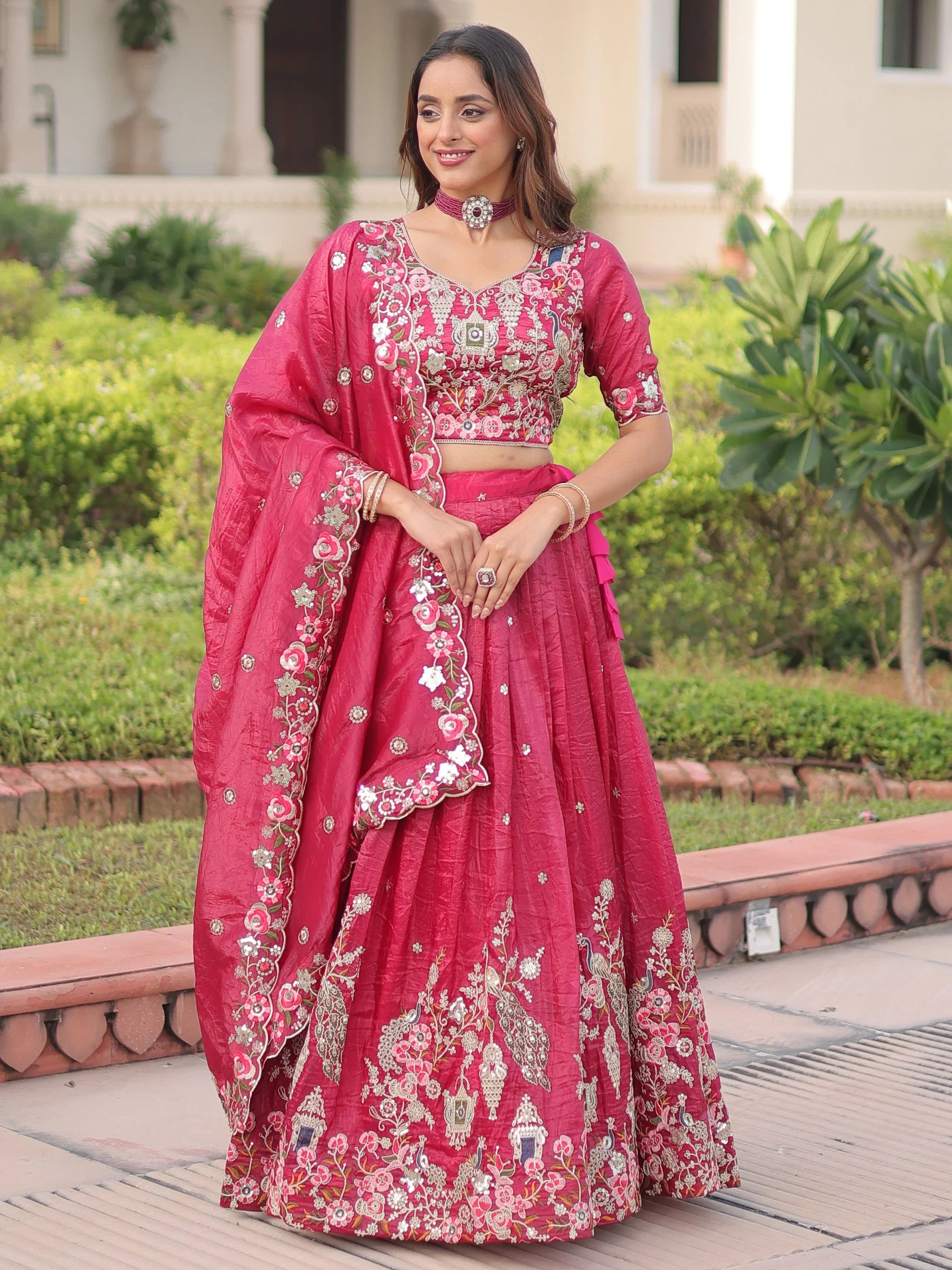 Enchanting Pink Embroidered Crushed Designer Lehenga With Blouse
