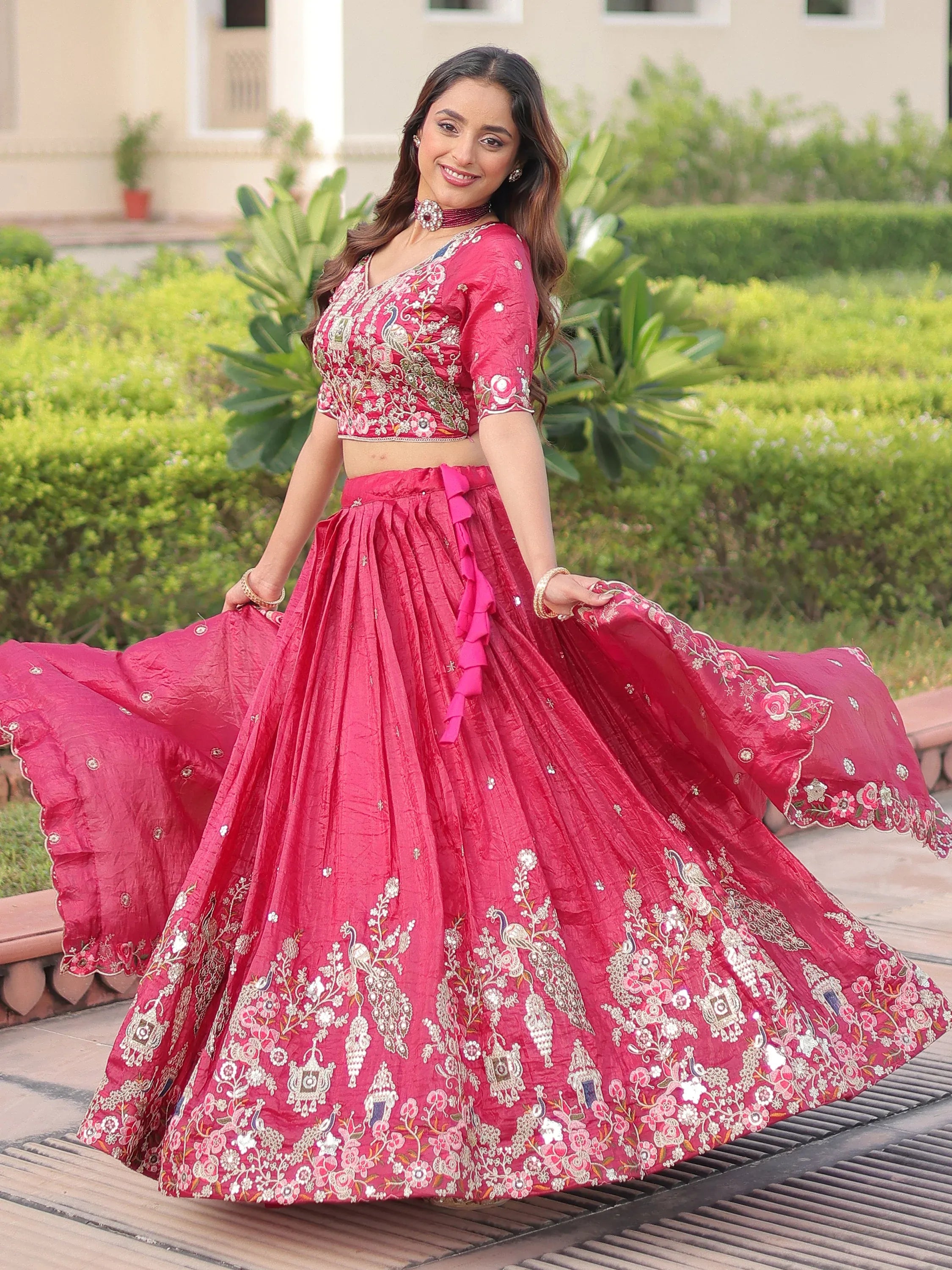 Enchanting Pink Embroidered Crushed Designer Lehenga With Blouse