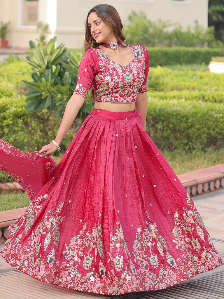 Enchanting Pink Embroidered Crushed Designer Lehenga With Blouse