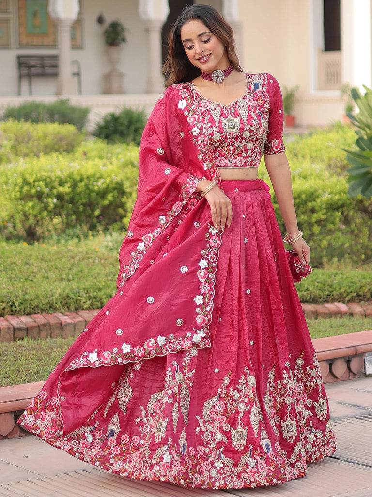 Enchanting Pink Embroidered Crushed Designer Lehenga With Blouse