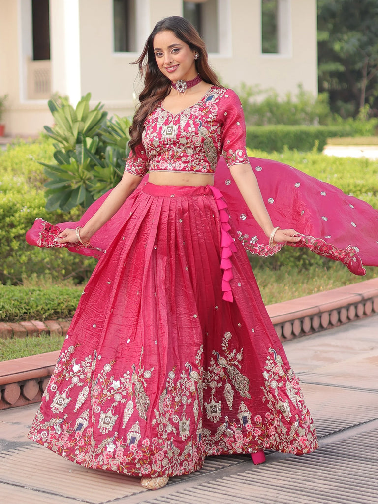 Enchanting Pink Embroidered Crushed Designer Lehenga With Blouse
