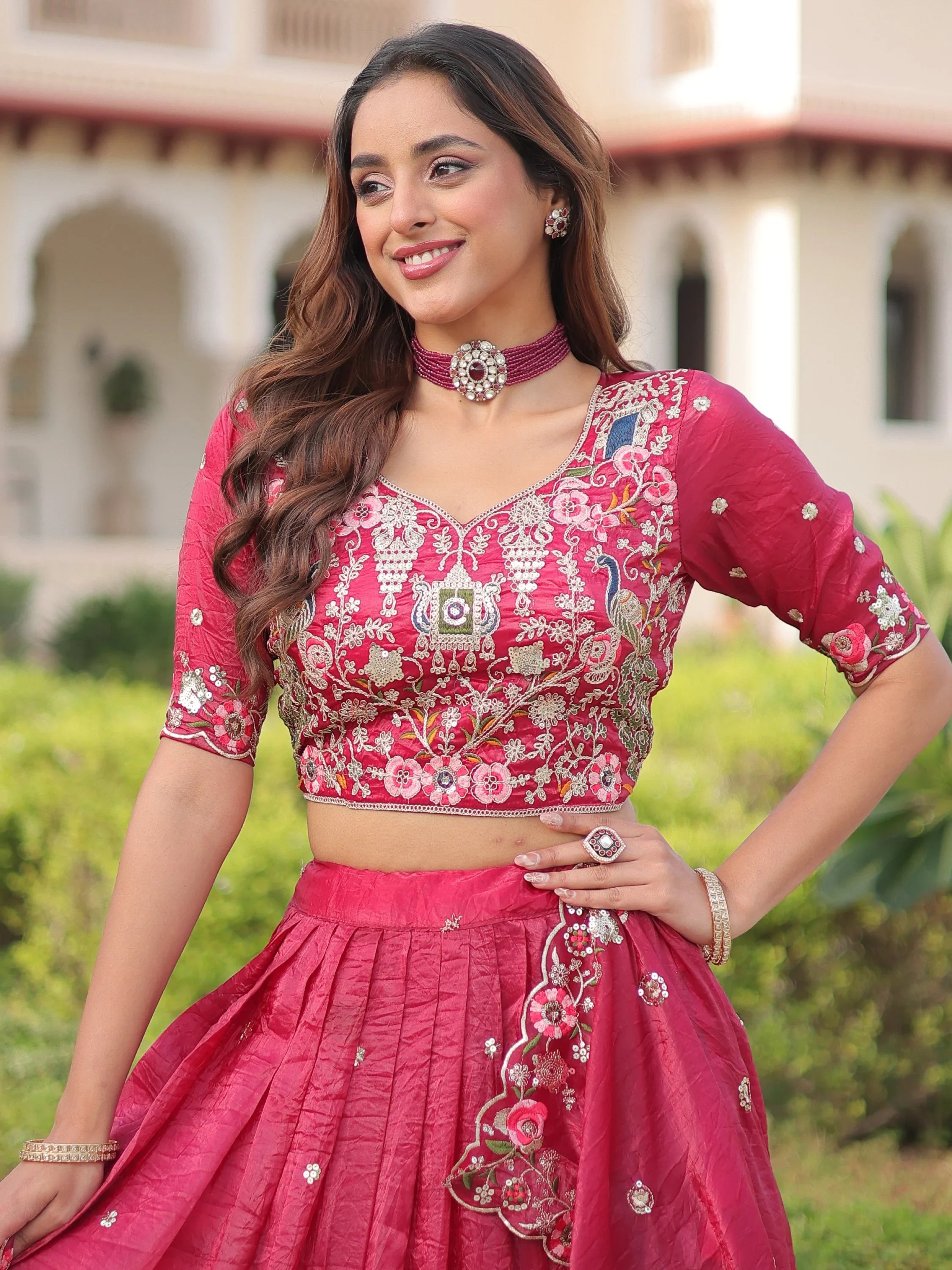 Enchanting Pink Embroidered Crushed Designer Lehenga With Blouse