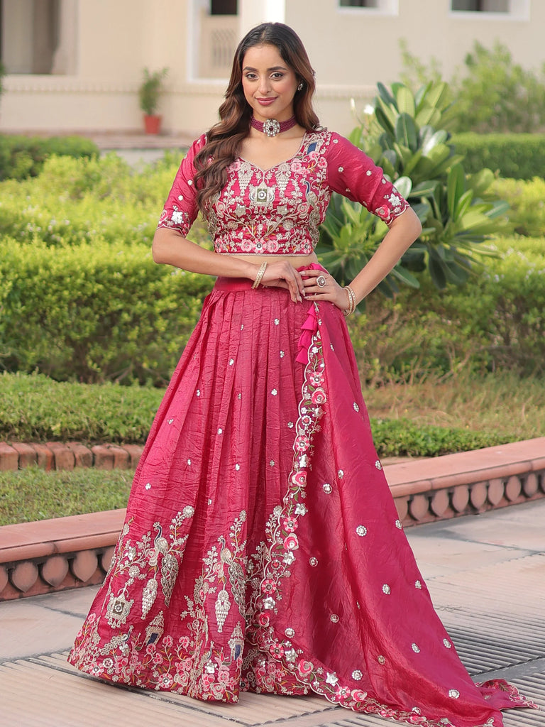 Enchanting Pink Embroidered Crushed Designer Lehenga With Blouse