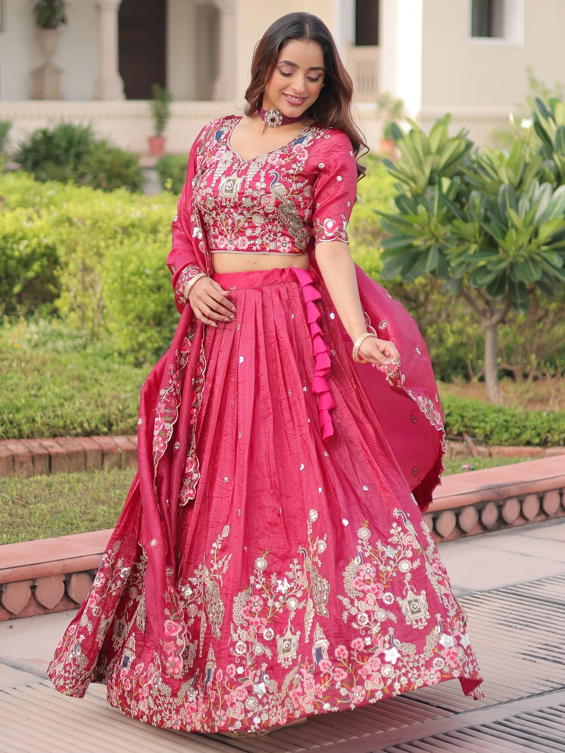 Enchanting Pink Embroidered Crushed Designer Lehenga With Blouse