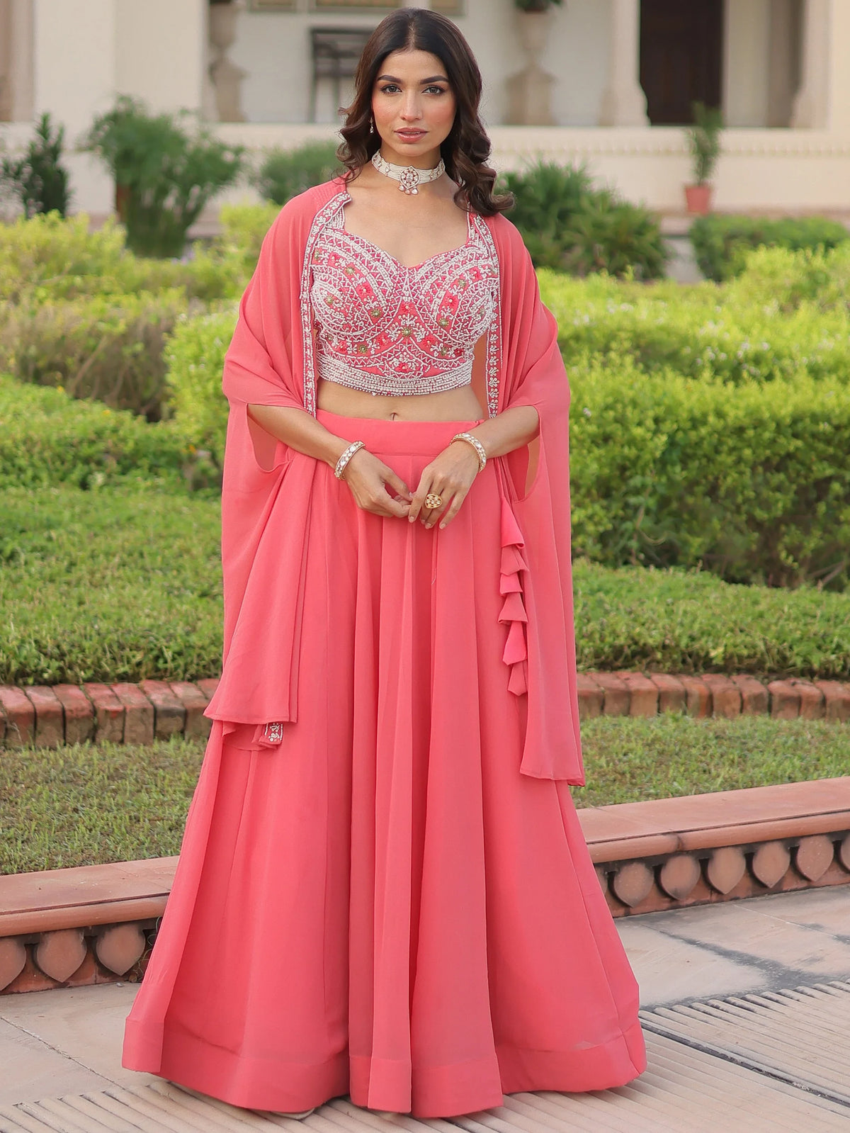Elegant Peach Beads Work Georgette Wedding Wear Lehenga With Shrug